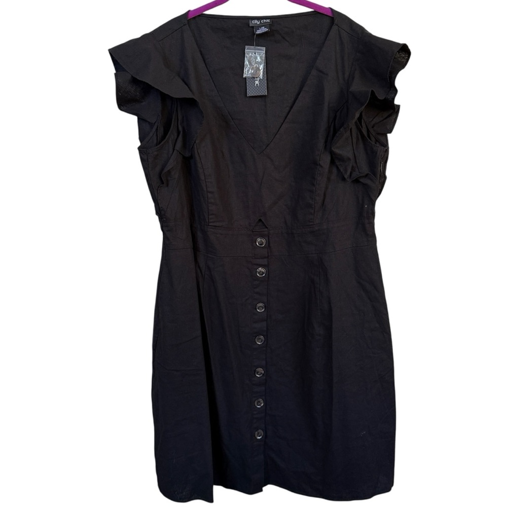 EUC City Chic Black Ruffle Sleeve Button-Front Linen Dress